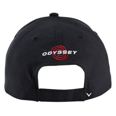 The Callaway Performance Pro Hat is a black golf hat with ODYSSEY embroidered in white above the adjustable strap, accented by red rings. A small white chevron decorates the moisture-wicking strap, showcasing Callaways signature branding.