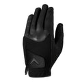 The Callaway Rain Spann Mens Golf Glove Left Hand Black features a textured back, smooth leather-like fingers and knuckles, and a small raised arrow detail near the wrist—ideal for wet weather play.