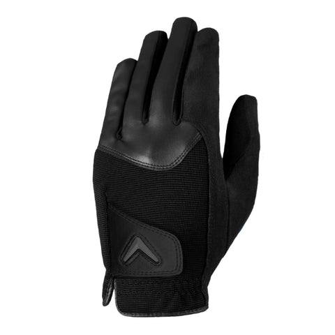 The Callaway Rain Spann Mens Golf Glove Left Hand Black features a textured back, smooth leather-like fingers and knuckles, and a small raised arrow detail near the wrist—ideal for wet weather play.