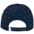 The Callaway Relaxed Retro Cap in navy displays a repeating light blue tennis racket pattern, an adjustable snapback closure, and a white Callaway tag at the back—a stylish retro golf hat from Callaway.