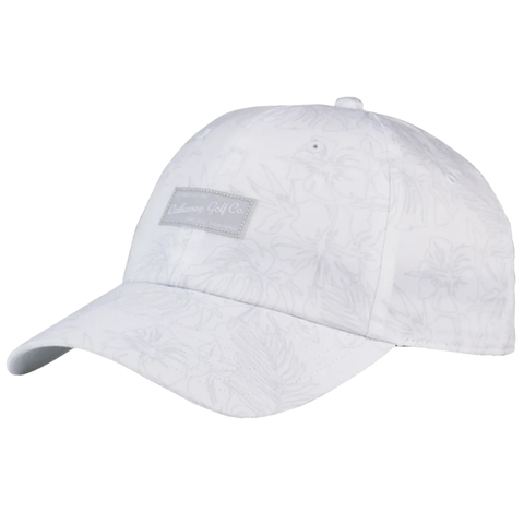 The Callaway Relaxed Retro Cap is a white, vintage-style hat with a subtle floral pattern and a front rectangular patch reading Chatham Golf Co. in light lettering—ideal for stylish golfers.