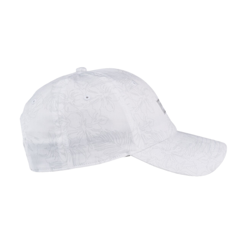 A white Callaway Relaxed Retro Cap with a subtle floral pattern, shown from the side on a plain background. This golf cap features a curved brim and visible panel stitching.