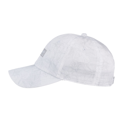 The Callaway Relaxed Retro Cap by Callaway is a white baseball hat with a subtle floral pattern, curved brim, and small rectangular label on the front panel—combining vintage golf style with modern flair.