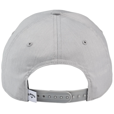 A light gray Callaway Relaxed Retro Cap shown from the back, featuring an adjustable snapback and a small white Callaway logo tag on the strap—ideal for vintage golf hat enthusiasts.
