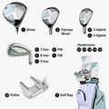 Callaway REVA 2026 women’s 11-piece Peach/Surf set composition showing clubs, headcovers and cart bag