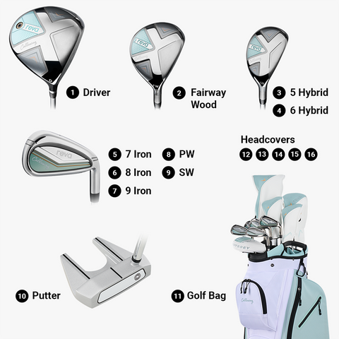 Callaway REVA 2026 women’s 11-piece Peach/Surf set composition showing clubs, headcovers and cart bag