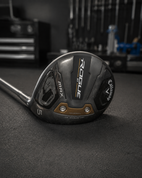 Used Callaway Rogue ST Max women's 5 wood on the dark charcoal Golf 360 workshop bench