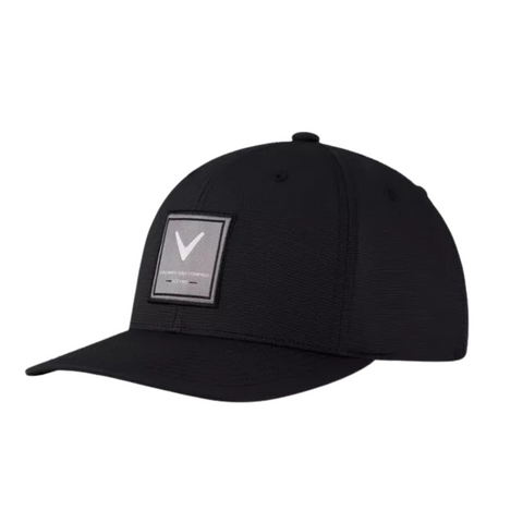 The Callaway Rutherford Cap is a stylish black golf cap with a slightly curved brim and a white chevron logo patch—an ideal choice for golfers looking for modern headwear from the Callaway brand in NZ.