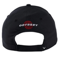 The Callaway Stitch Magnet Cap features ODYSSEY and a red spiral logo embroidered above the adjustable strap, a white V-shaped logo on the strap, and includes a convenient magnetic ball marker.