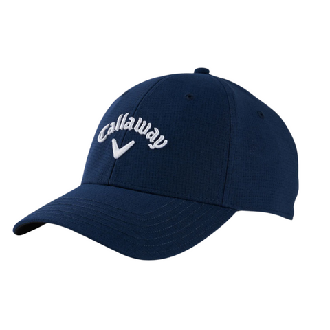The Callaway Stitch Magnet Cap is a navy blue golf cap with a white chevron logo on the front and an attached magnetic ball marker.