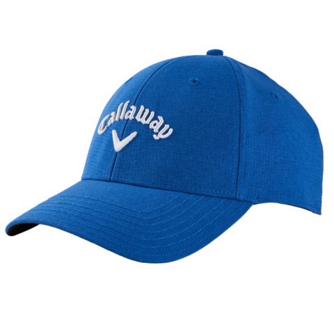 The Callaway Stitch Magnet Cap is a blue golf cap featuring a white checkmark logo, embroidered Callaway on the front, and includes a handy magnetic ball marker.