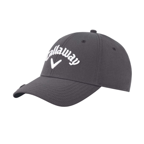 The Callaway Stitch Magnet Cap is a dark gray golf hat with a white V-shaped logo, a curved brim, textured fabric, and an integrated magnetic ball marker.