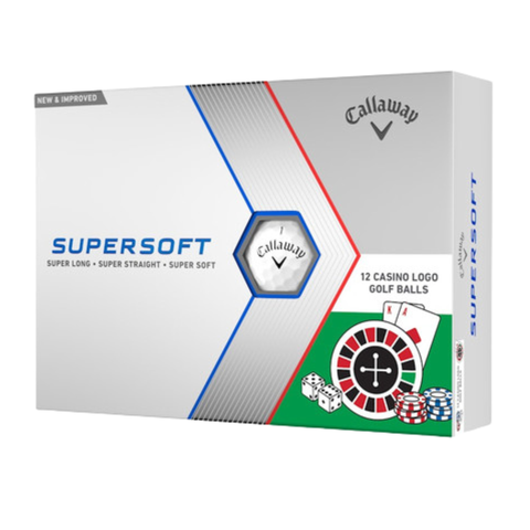 Callaway Limited Edition Supersoft Casino Logo Golf Balls packaging. The box of 12 balls features a casino theme with dice, poker chips, and cards. Text reads "Super Long, Super Straight, Super Soft.