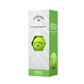 A rectangular box of Callaway Supersoft Matte Colour Golf Balls 25 features the Callaway logo, a hexagonal cutout showing the green matte ball, and text promoting its ultra soft feel and straight flight.