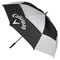 The Callaway Tour Authentic Umbrella features a black and white design with the Callaway logo on a black panel. This wind-resistant golf umbrella combines style and durability for golfers.