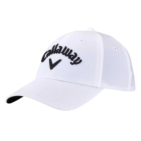 The Callaway Tour Junior Cap is a white, lightweight golf cap for kids, featuring a curved brim and black embroidered Callaway logo with checkmark on the front, perfect for young athletes seeking style and comfort.