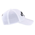 The Callaway Tour Junior Cap is a white, lightweight golf hat with a curved brim and mesh back panels. Shown from the side, it features partially visible embroidered black text on the front. Ideal for UV protection on the course.