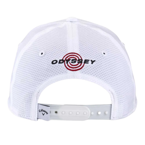 White mesh Callaway Tour Junior Cap seen from the back, featuring ODYSSEY with a red target logo above the adjustable snapback. A lightweight golf cap with a small Callaway tag near the strap for added style.