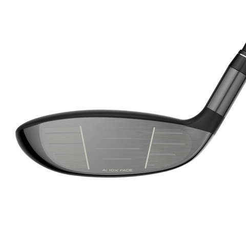 Close-up of the Callaway Women’s Elyte Max Fast Fairway Wood shows its forgiving design, fine grooves, alignment lines, and "AI 10K FACE" text on the lightweight metal clubface. The club is angled to clearly display its features.