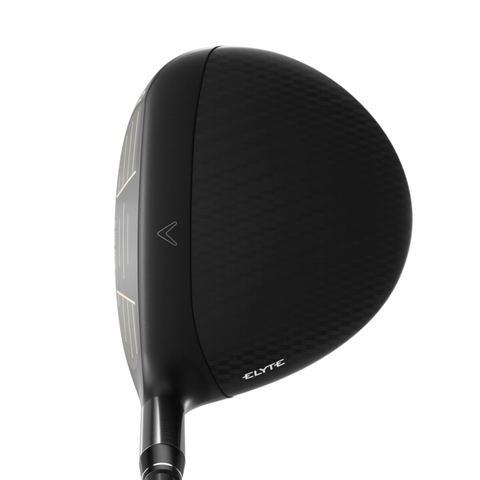 A close-up of the black Callaway Women’s Elyte Max Fast Fairway Wood clubhead shows its textured finish, subtle Callaway branding, the word ELYTE on the side, and a sleek, modern, and forgiving design.