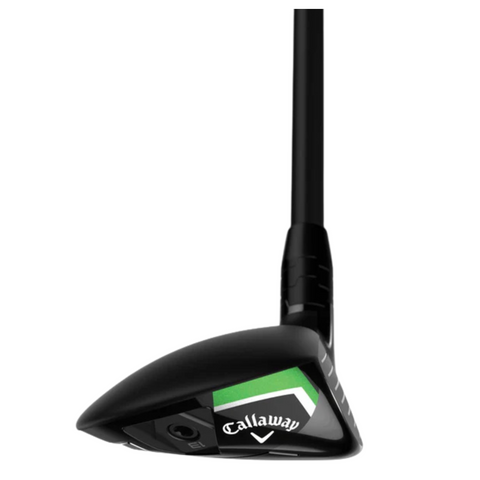 A low-angle shot displays the black Callaway Women's Elyte Max Fast Hybrid, highlighting its green, black, and white clubhead design near the logo. This lightweight hybrid features an angled shaft for women.