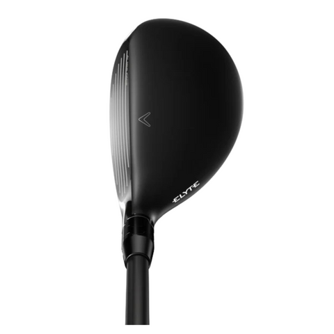 The black Callaway Women's Elyte Max Fast Hybrid, shown from above, features "ELITE" near the hosel, a matte finish, an arrow alignment aid on the crown, and visible face grooves.
