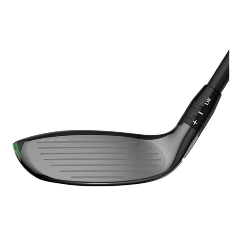 Close-up of the Callaway Women's Elyte Max Fast Hybrid golf club head, designed for high launch, with a grooved face and adjustable hosel displaying plus and lie markings, set against a white background.