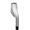A close-up shows the sleek, silver Callaway Women's Elyte Max Fast Irons Set (6-PW + SW), highlighting its modern contours, lightweight design, smooth metallic finish, and subtle Callaway branding on the back.