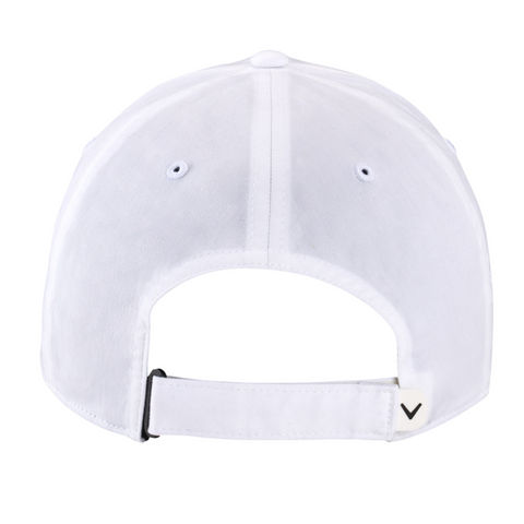 Back view of the Callaway Women’s Heritage Twill Golf Cap shows an adjustable strap and a subtle black Callaway logo on the left near the opening, combining comfort with sun protection in a stylish design.