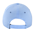 The Callaway Women’s Heritage Twill Golf Cap in light blue is shown from the back, featuring an adjustable strap and a small white V-shaped logo on the right side for a secure, stylish fit and sun protection.
