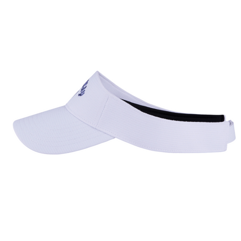 The Callaway Women's Liquid Metal Golf Visor, shown in side profile on a white background, features a curved brim for sun protection and an adjustable back strap.