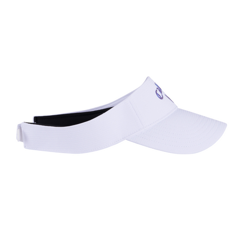 Callaway Women's Liquid Metal Golf Visor by Callaway, shown in side profile, features a curved brim, adjustable back strap, and moisture-wicking headband for comfort and sun protection.