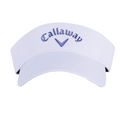 The Callaway Women's Liquid Metal Golf Visor features a curved brim, blue embroidered Callaway logo, and a moisture-wicking headband for comfort and sun protection on the course.