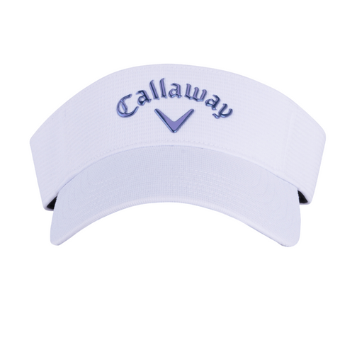 The Callaway Women's Liquid Metal Golf Visor features a curved brim, blue embroidered Callaway logo, and a moisture-wicking headband for comfort and sun protection on the course.