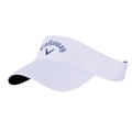 The Callaway Women's Liquid Metal Golf Visor in White/Hydrangea features a curved brim, sun protection, dark embroidered logo, and a moisture-wicking headband for cool comfort on the course.