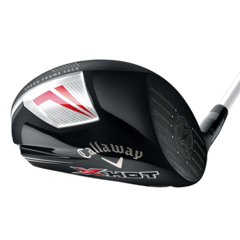 A close-up of the Callaway X Hot Driver highlights its clubhead with Callaway branding, Speed Frame Face text, fast face technology, and bold red, white, and silver accents.