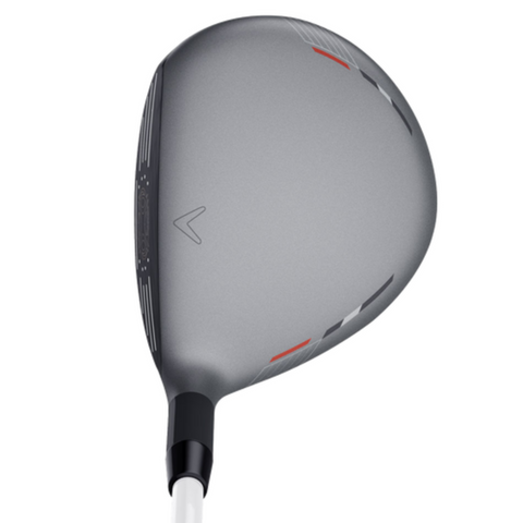 A close-up of the Callaway X Hot Fairway Wood by Callaway shows its matte gray clubhead with red and white accents, black hosel, and white shaft—a sleek golf club made for long distance.
