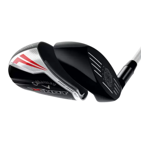 A close-up of the Callaway X Hot Fairway Wood by Callaway showcases its black club head with silver, red, and white accents, plus detailed engravings that emphasize this long-distance golf club’s design.