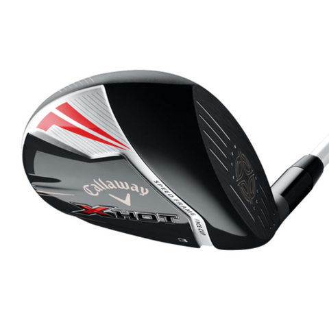 Close-up of the Callaway X Hot Fairway Wood club head, featuring Callaway branding, a black and silver design with red accents, and part of the distance club’s face visible.
