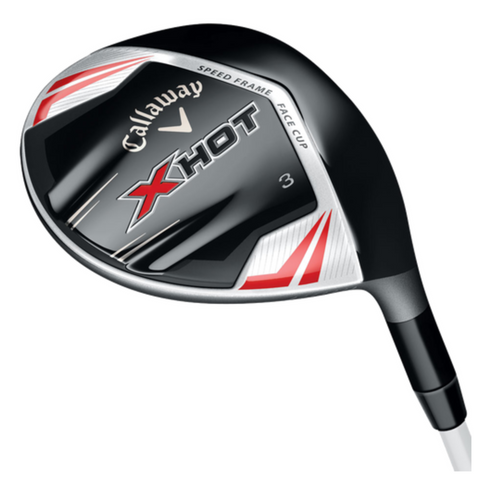 The Callaway X Hot Fairway Wood by Callaway is a long-distance golf club with a black, silver, and red design, bold branding, and “Speed Frame Face Cup” text on the clubhead.