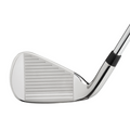 A close-up of the Callaway X Hot Irons Set (4-PW + SW) by Callaway, highlighting the grooved clubface and part of the shaft, designed for forgiveness, against a white background.
