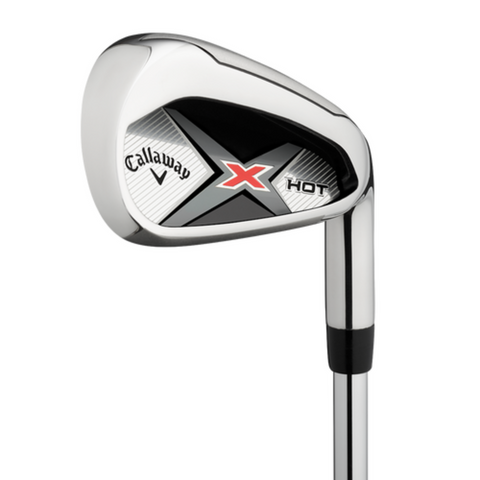 A close-up of a Callaway X Hot Irons Set (4-PW+SW) highlights its shiny metal head with the Callaway logo, a bold red X, and "HOT" on a silver and black background, showcasing this club's signature forgiveness and impressive distance.