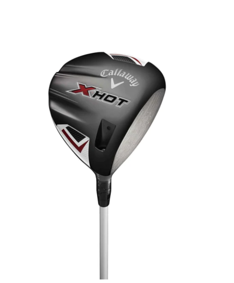 The Callaway Mens X-Hot Package Set includes a driver with a black, red, and silver clubhead designed for distance and forgiveness, plus a white shaft. Bold Callaway branding stands out against a plain white background.