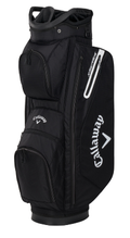The Callaway X-Series Cart Bag is a black golf cart bag featuring multiple zippered pockets, a 14-way divider, and white Callaway logos on the side and front.