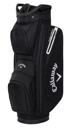 The Callaway X-Series Cart Bag is a black golf cart bag featuring multiple zippered pockets, a 14-way divider, and white Callaway logos on the side and front.