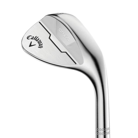 Side view close-up of the Callaway Men's OPUS brushed chrome wedge, featuring a polished chrome finish with the Callaway logo and 'OPUS' engraved on the back of the clubhead.