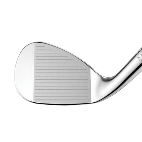 Close-up of the Callaway Men's OPUS brushed chrome wedge, showing the face of the club with grooves designed for spin control and a polished chrome finish.