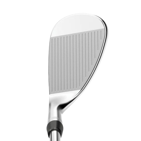 Close-up of the Callaway Men's OPUS brushed chrome wedge, showing the face of the club with a clear view of its precision-milled grooves, designed to improve spin and control. The wedge has a polished chrome finish.