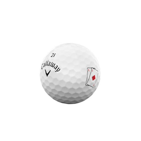 Callaway Supersoft Limited Edition Casino golf ball. The white ball features the Callaway logo with a playing card graphic, showing an ace of diamonds on its surface.