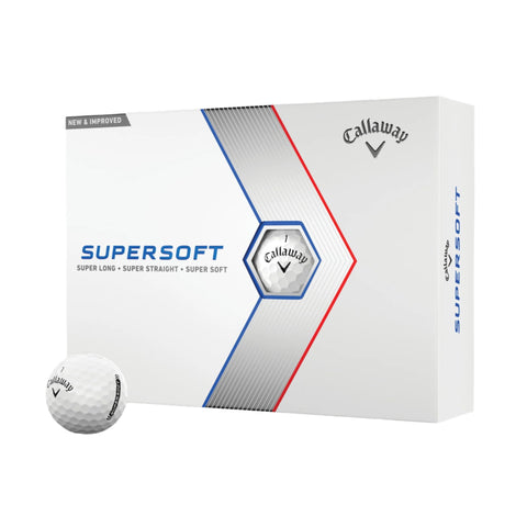 Box of 12 Callaway Supersoft Golf Balls with one of the balls in front of the box